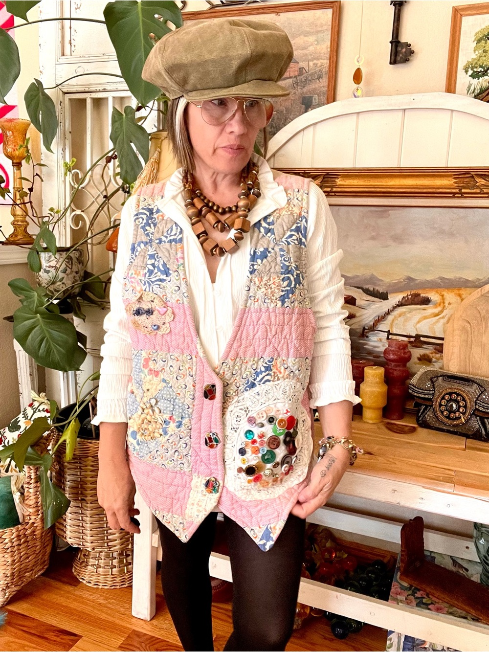 Vintage OOAK Handmade Cottage Core Quilt Vest With Buttons Embroidery Shells
